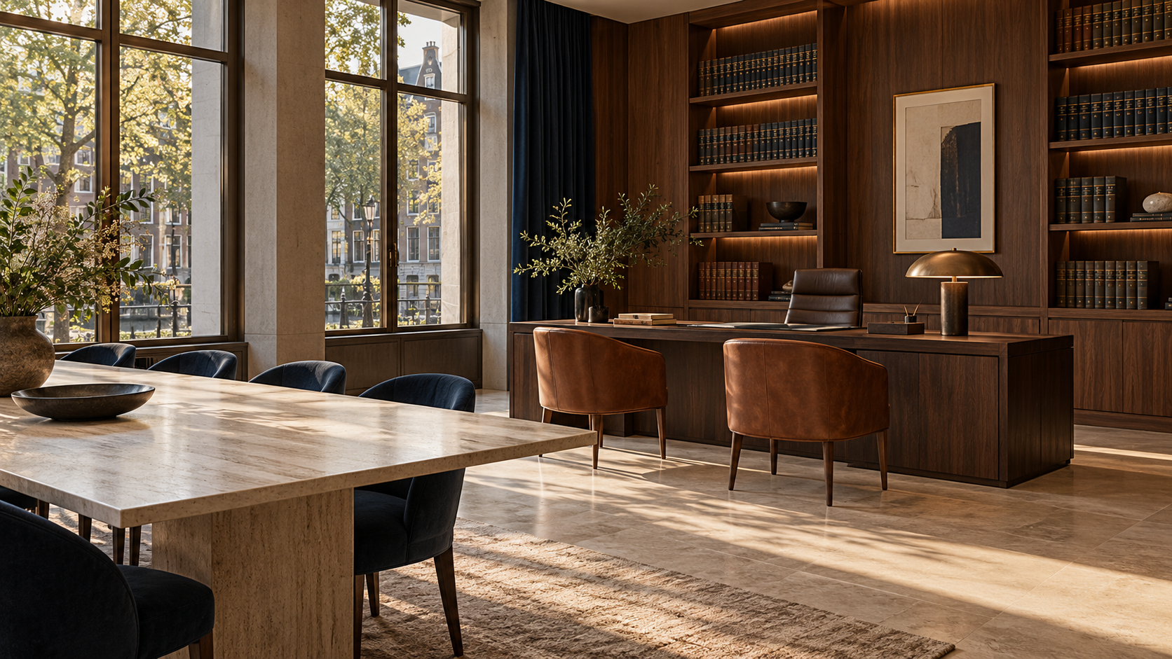 Denkbeeldig advocatenkantoor met notenhouten bureau, leren stoelen en natuursteen